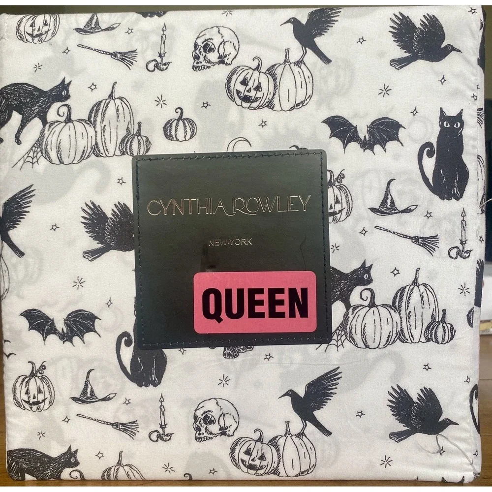 Cynthia Rowley Halloween Queen Sheet Set Black Cats Ghost Pumpkin 4Pc Cotton